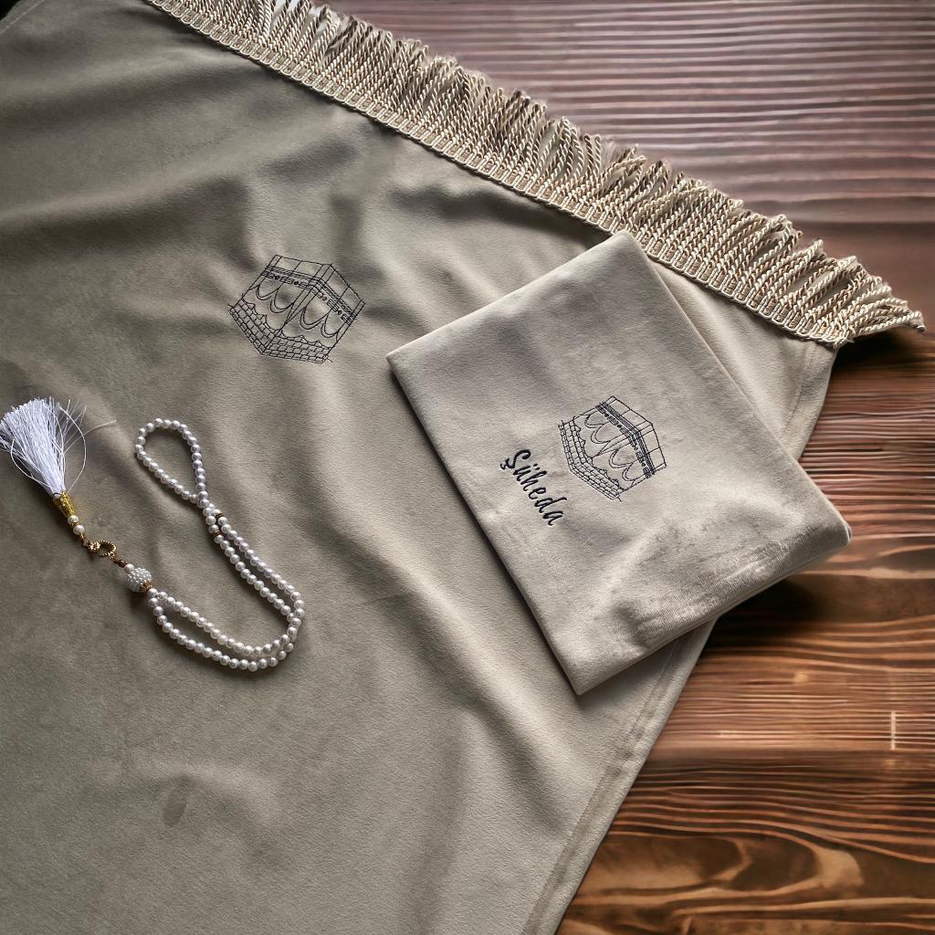 Minimal Kabe Desenli Çantalı Kadife Seccade